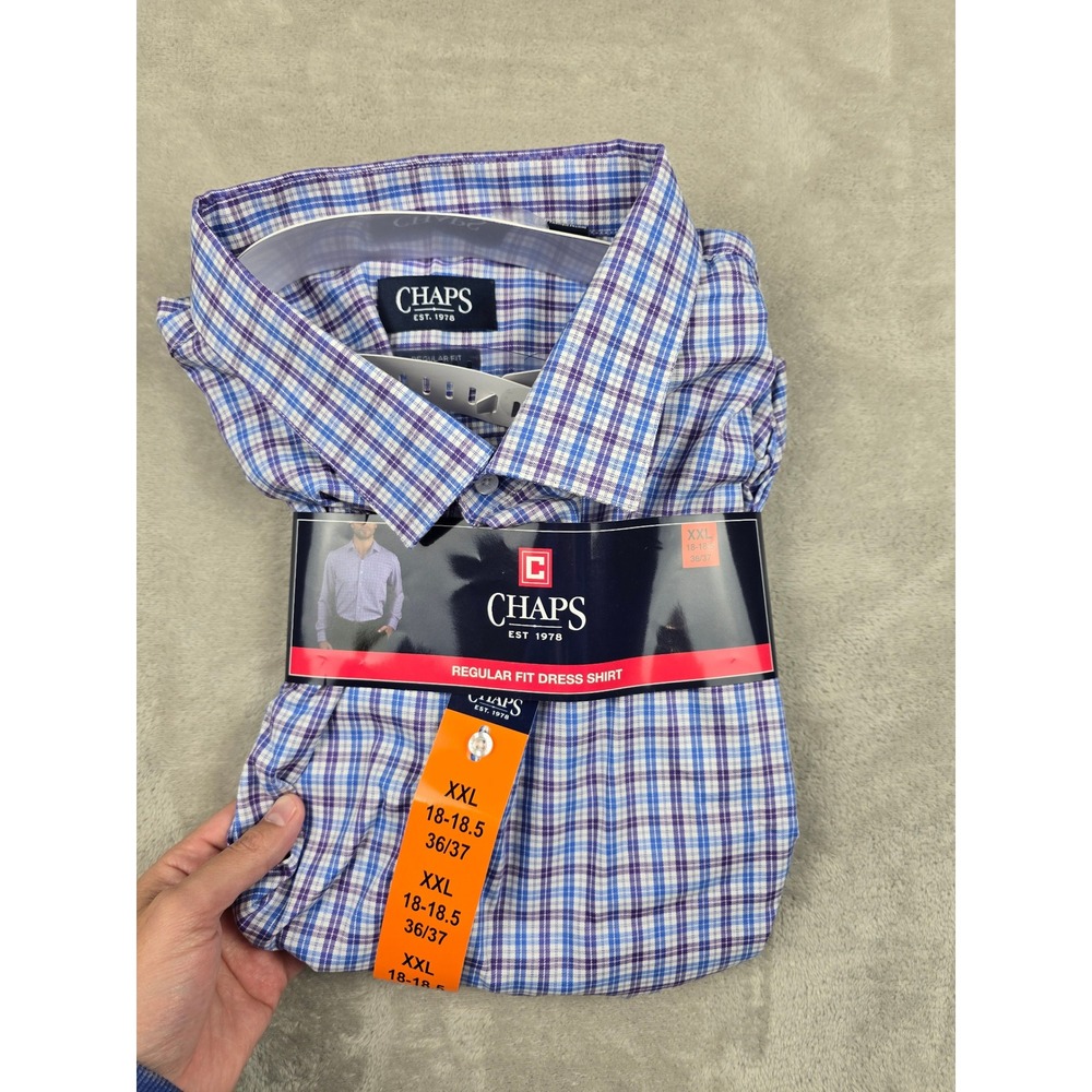 Chaps Regular Fit Dress Shirt Mens XXL Purple Blue Plaid Long Sleeve Button Up